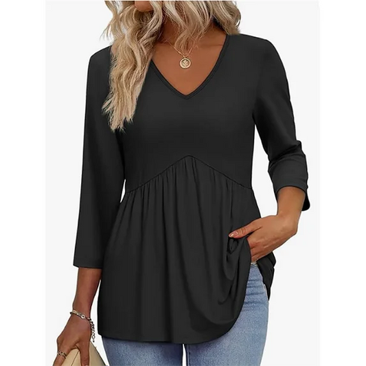 MOSHU V Neck Womens Tops 3/4 Length Sleeve Tops for Women Babydoll Tunic Dressy Casual Womens Blouses