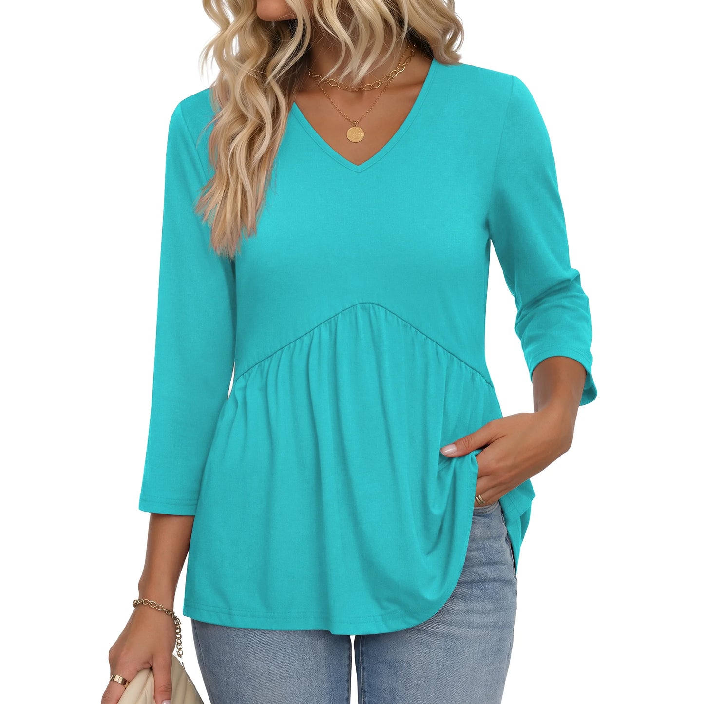 MOSHU V Neck Womens Tops 3/4 Length Sleeve Tops for Women Babydoll Tunic Dressy Casual Womens Blouses