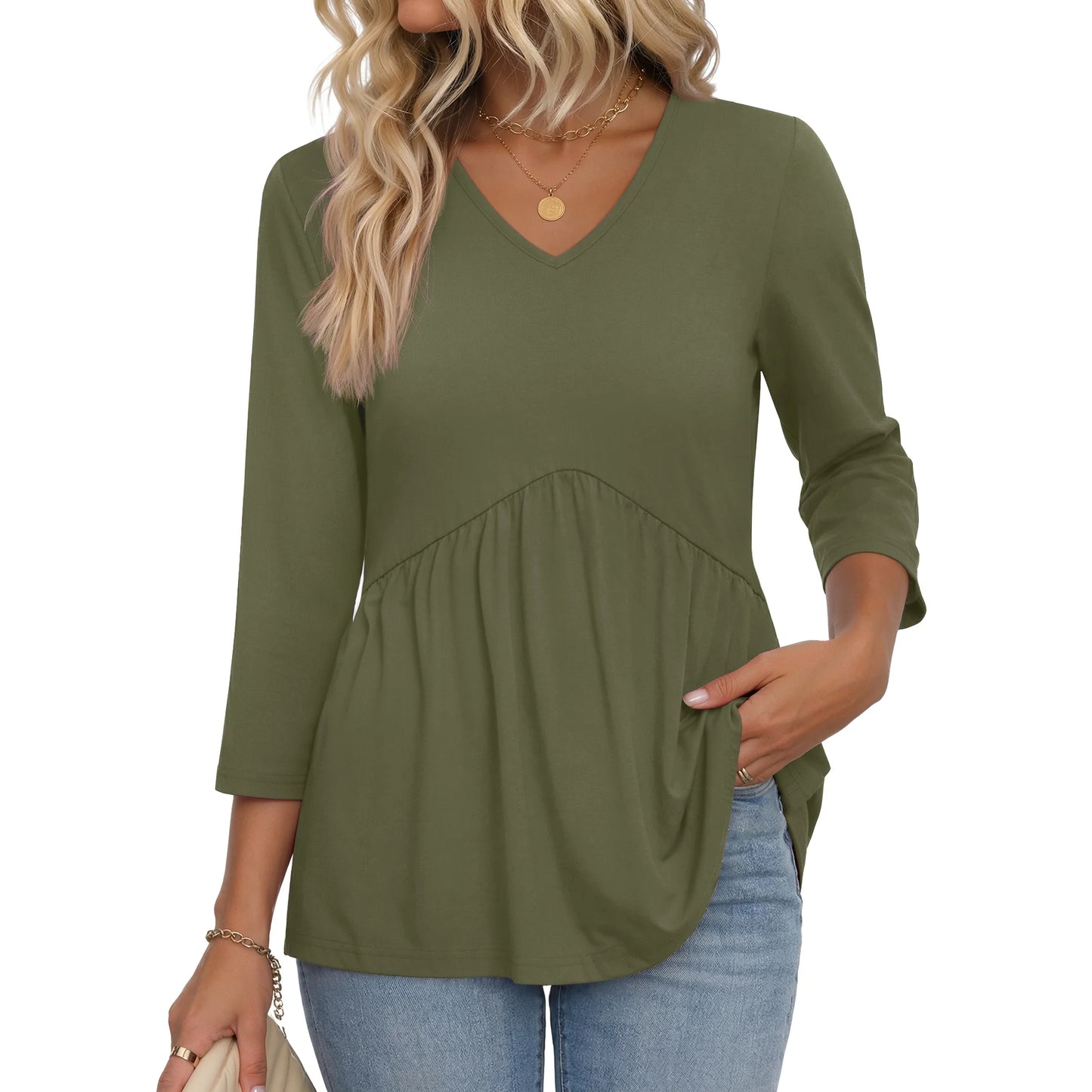 MOSHU V Neck Womens Tops 3/4 Length Sleeve Tops for Women Babydoll Tunic Dressy Casual Womens Blouses