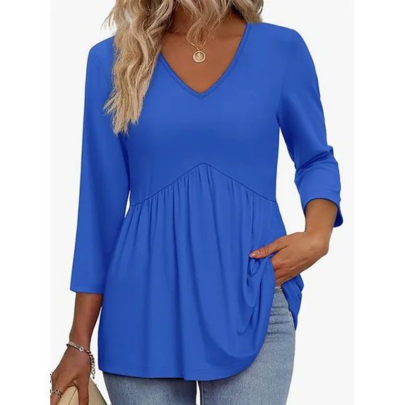 MOSHU V Neck Womens Tops 3/4 Length Sleeve Tops for Women Babydoll Tunic Dressy Casual Womens Blouses