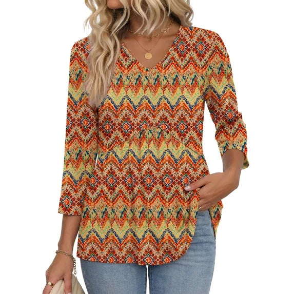 MOSHU V Neck Womens Tops 3/4 Length Sleeve Tops for Women Babydoll Tunic Dressy Casual Womens Blouses