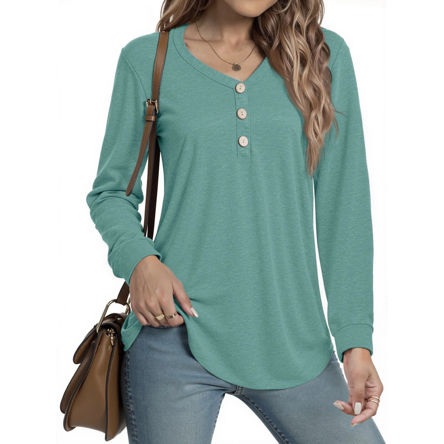 MOSHU V-neck T Shirts for Women Casual Long Sleeve Tunic Tops Curve Hem Fall Button Shirts