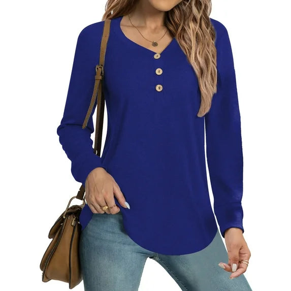 MOSHU V-neck T Shirts for Women Casual Long Sleeve Tunic Tops Curve Hem Fall Button Shirts