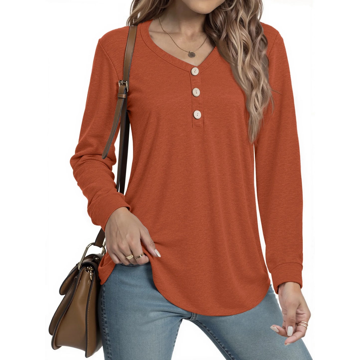 MOSHU V-neck T Shirts for Women Casual Long Sleeve Tunic Tops Curve Hem Fall Button Shirts