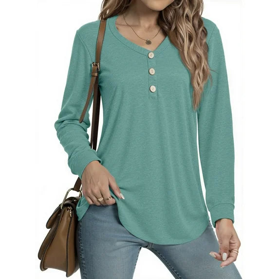 MOSHU V-neck T Shirts for Women Casual Long Sleeve Tunic Tops Curve Hem Fall Button Shirts