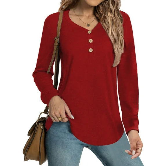MOSHU V-neck T Shirts for Women Casual Long Sleeve Tunic Tops Curve Hem Fall Button Shirts