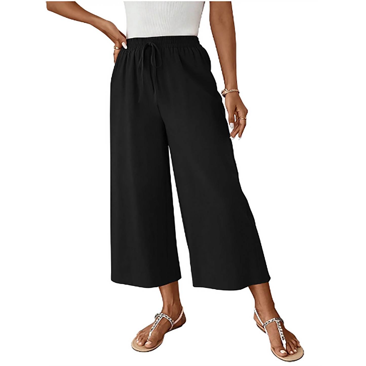 MOSHU Womens Capri Pants Summer Wide Leg Pants for Women Drawstring Casual Palazzo Trousers with Pockets