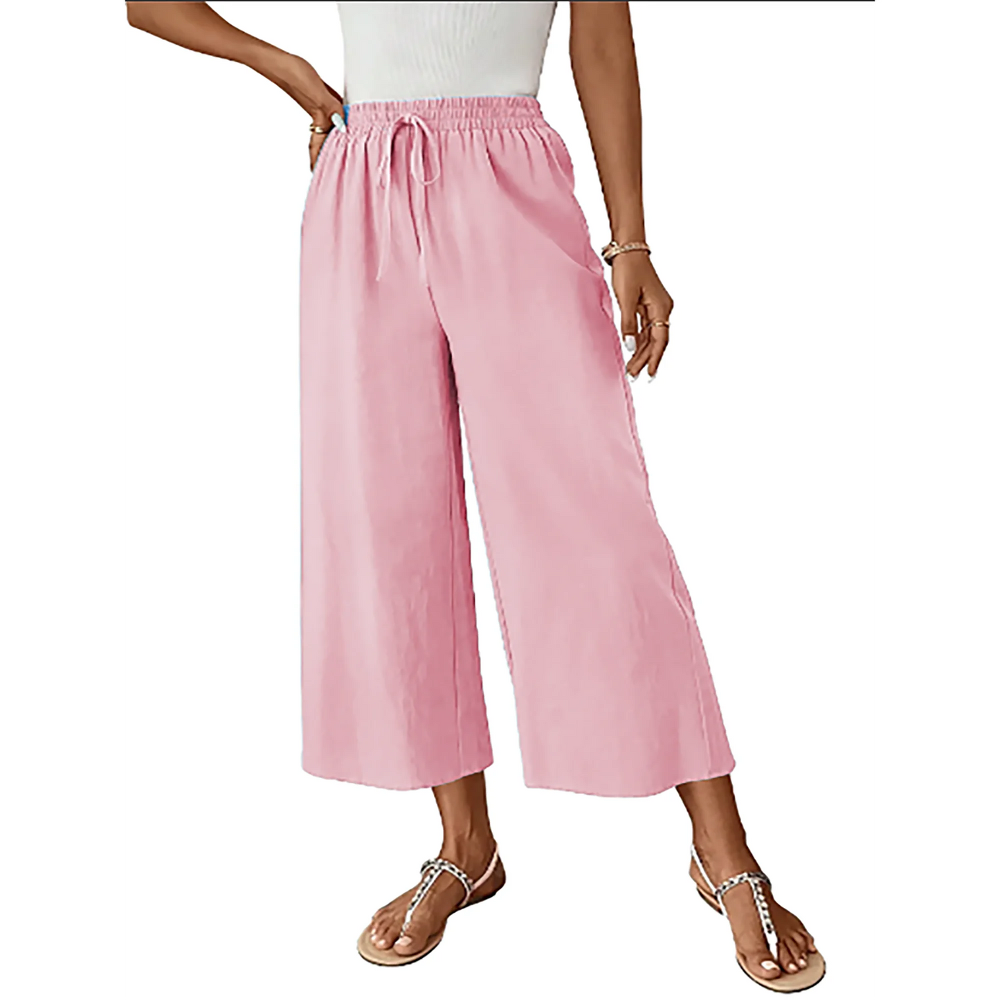 MOSHU Womens Capri Pants Summer Wide Leg Pants for Women Drawstring Casual Palazzo Trousers with Pockets