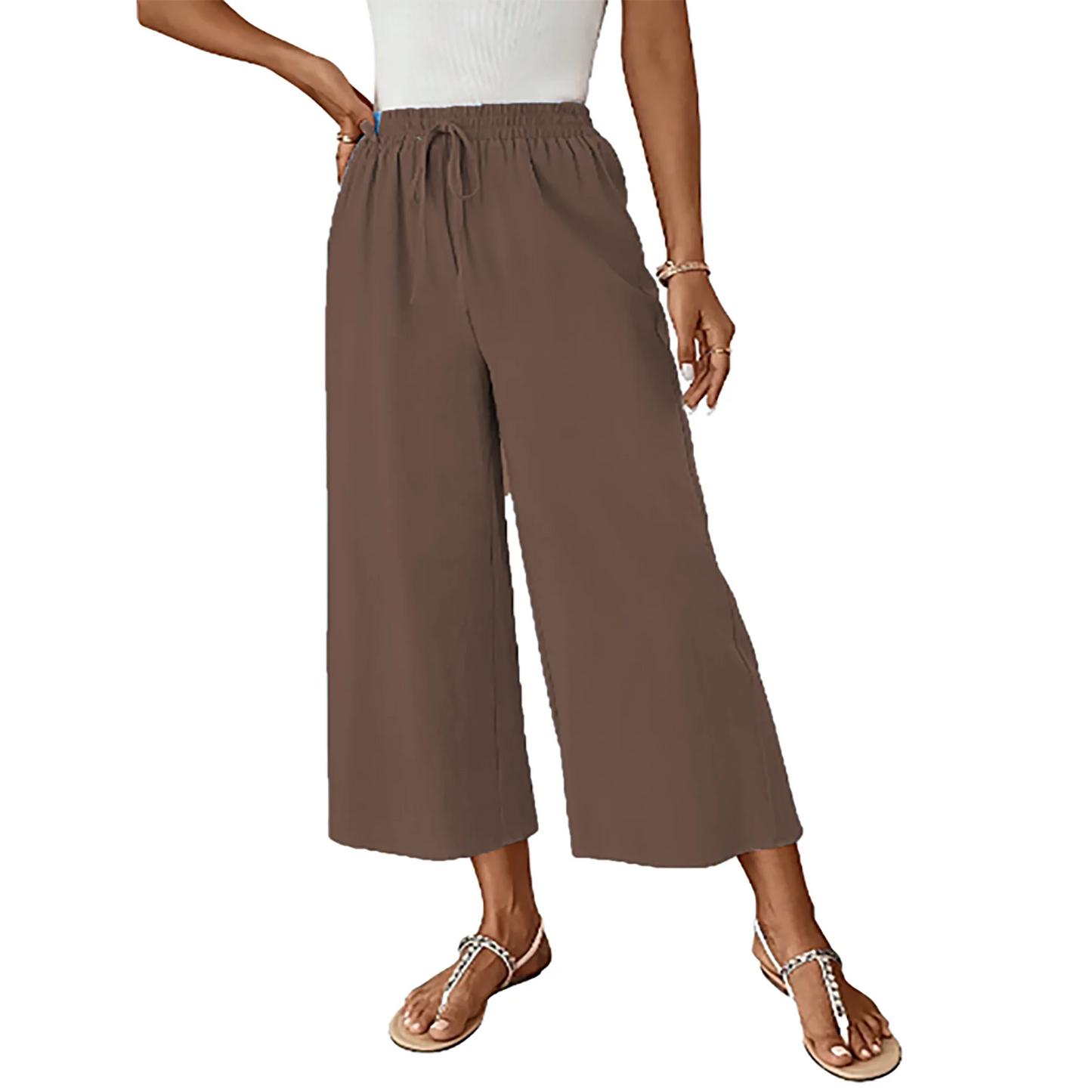 MOSHU Womens Capri Pants Summer Wide Leg Pants for Women Drawstring Casual Palazzo Trousers with Pockets
