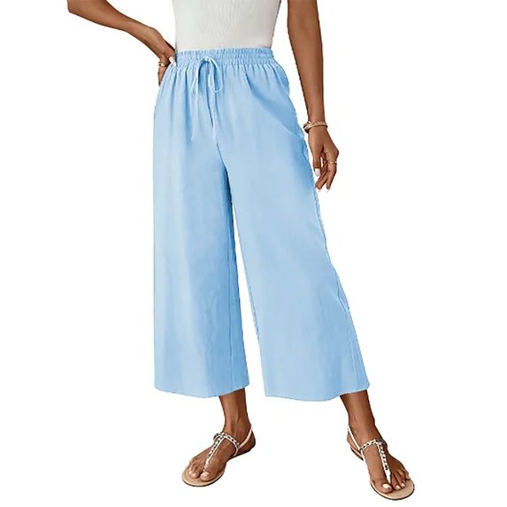 MOSHU Womens Capri Pants Summer Wide Leg Pants for Women Drawstring Casual Palazzo Trousers with Pockets