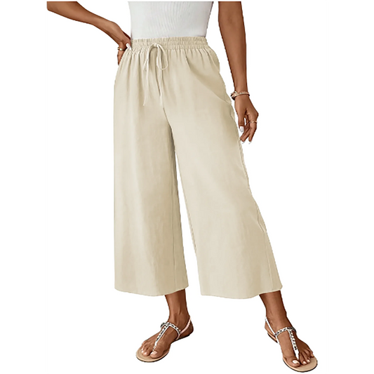 MOSHU Womens Capri Pants Summer Wide Leg Pants for Women Drawstring Casual Palazzo Trousers with Pockets