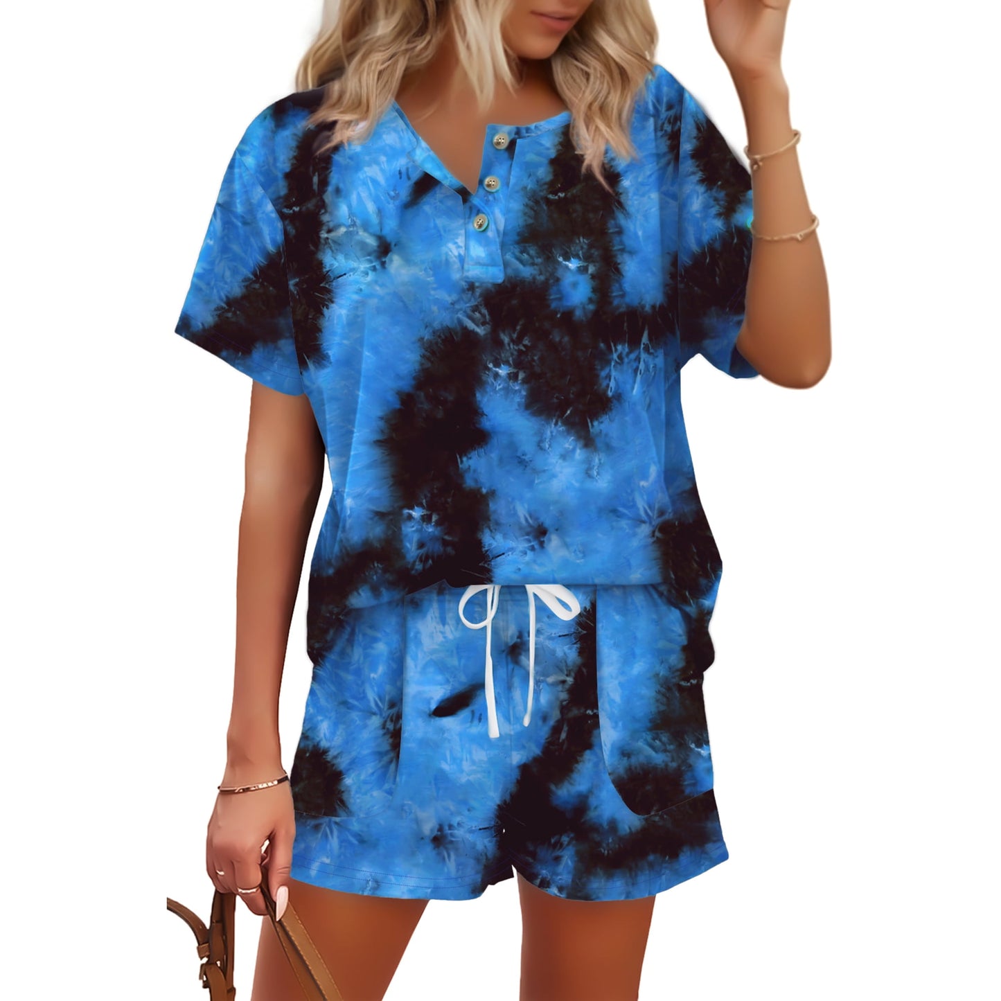 MOSHU Womens Pajamas Sets Button Down Tops and Drawstring Shorts With Pockets Two Piece Lounge Sets Oufits
