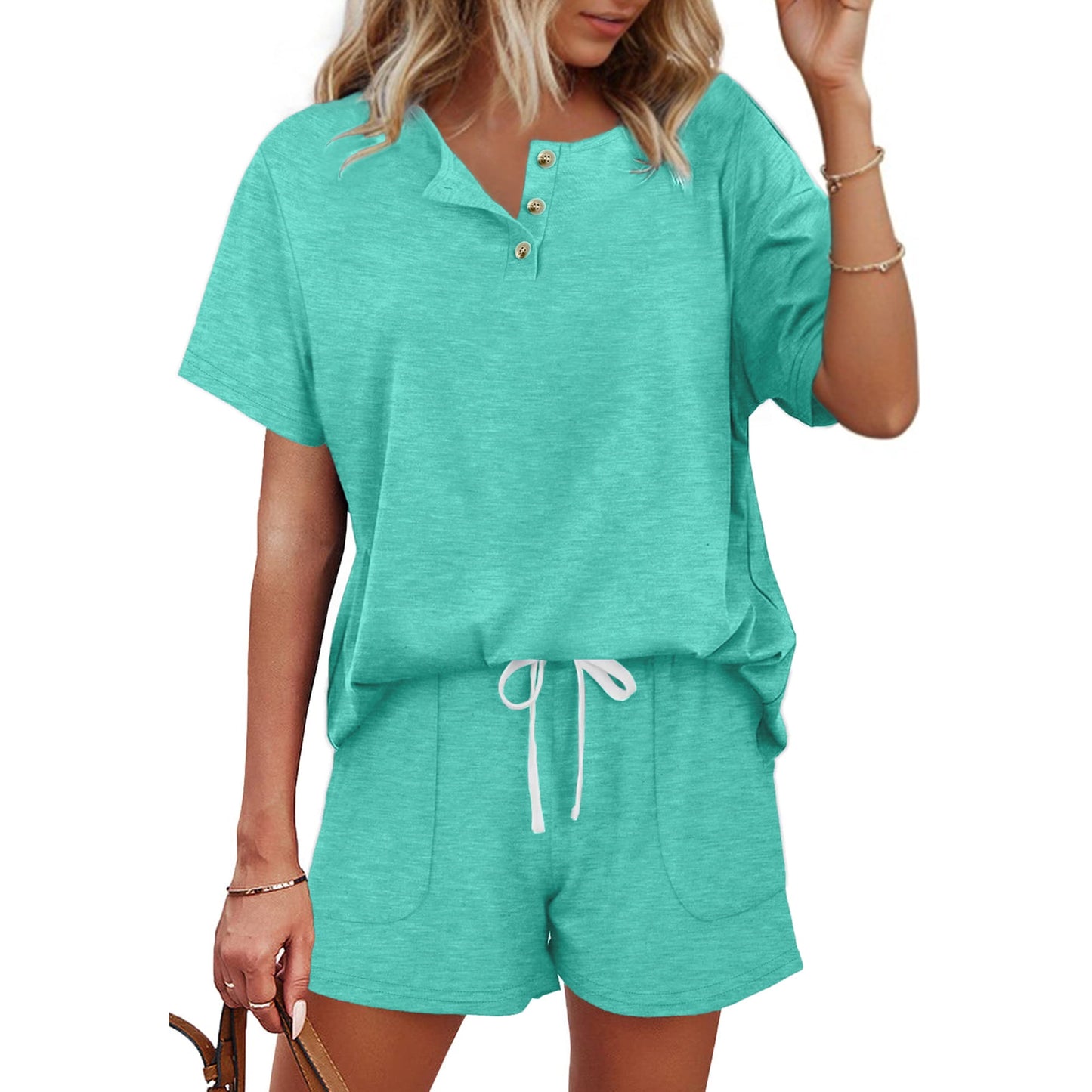 MOSHU Womens Pajamas Sets Button Down Tops and Drawstring Shorts With Pockets Two Piece Lounge Sets Oufits