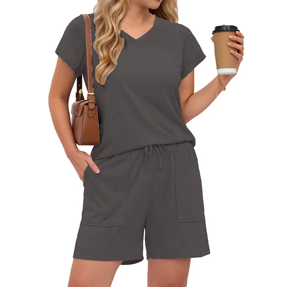 MOSHU Womens Pajamas Sets V Neck Tops and Drawstring Shorts Sets with Pockets Two Piece Lounge Sets Oufits