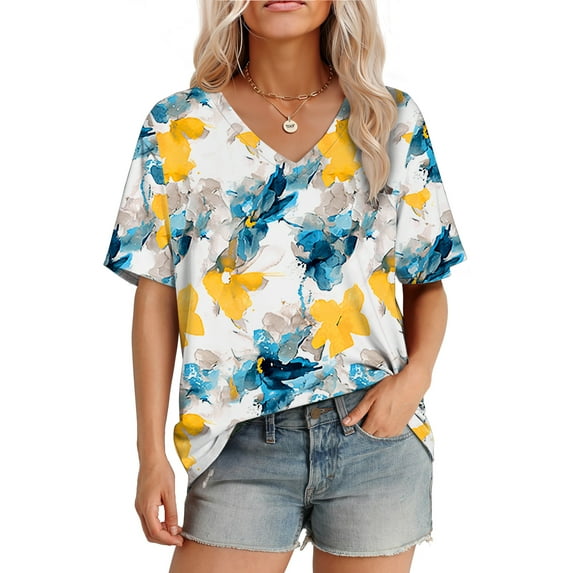 MOSHU Womens T-Shirts V Neck Short Sleeve Loose Tees Tops Casual Print Shirts for Women