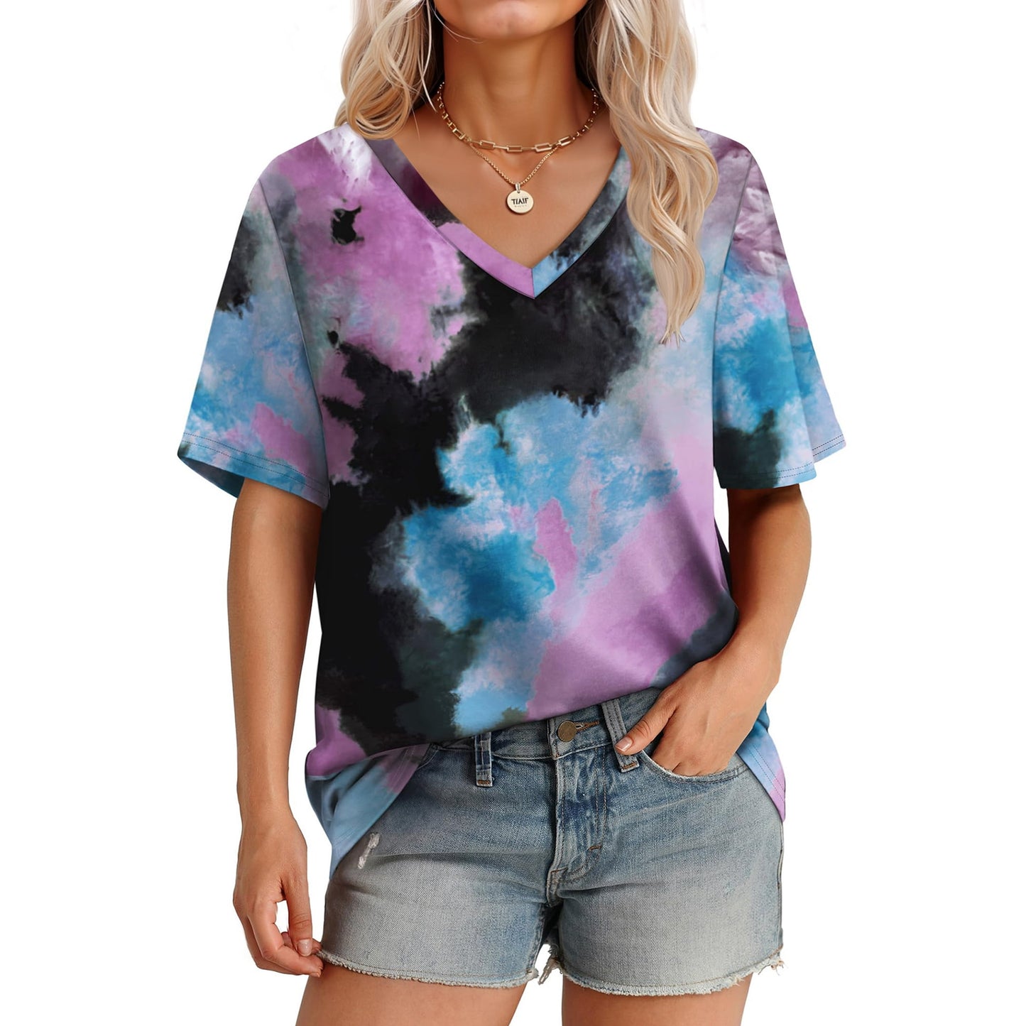MOSHU Womens T-Shirts V Neck Short Sleeve Loose Tees Tops Casual Print Shirts for Women