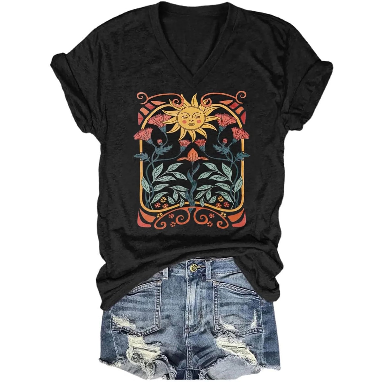 MOSHU Womens T-shirts Round Neck Shirts for Women Short Sleeve Loose Graphic Tees