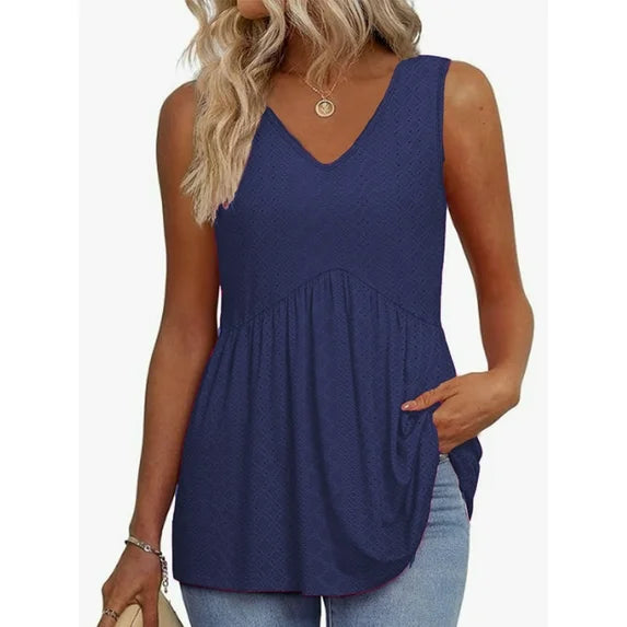 MOSHU Womens Tank Tops Eyelet Sleeveless Tops for Women Dressy V Neck Babydoll Tank Tops Flowy Summer Shirts
