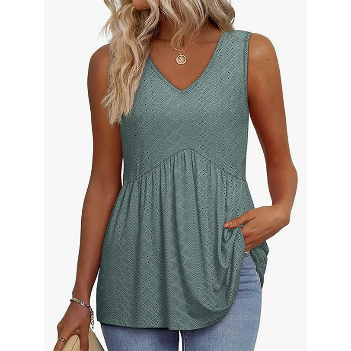 MOSHU Womens Tank Tops Eyelet Sleeveless Tops for Women Dressy V Neck Babydoll Tank Tops Flowy Summer Shirts