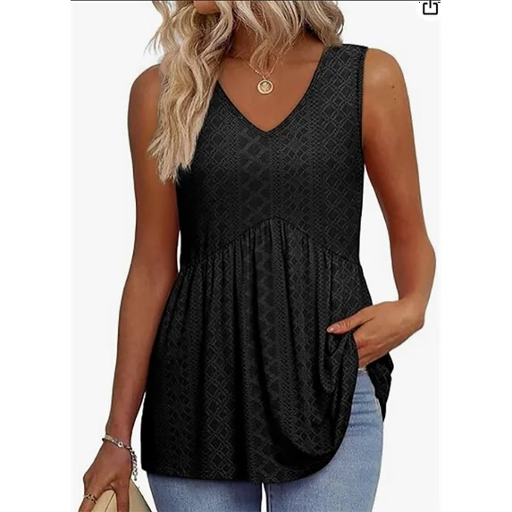 MOSHU Womens Tank Tops Eyelet Sleeveless Tops for Women Dressy V Neck Babydoll Tank Tops Flowy Summer Shirts