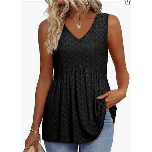 MOSHU Womens Tank Tops Eyelet Sleeveless Tops for Women Dressy V Neck Babydoll Tank Tops Flowy Summer Shirts