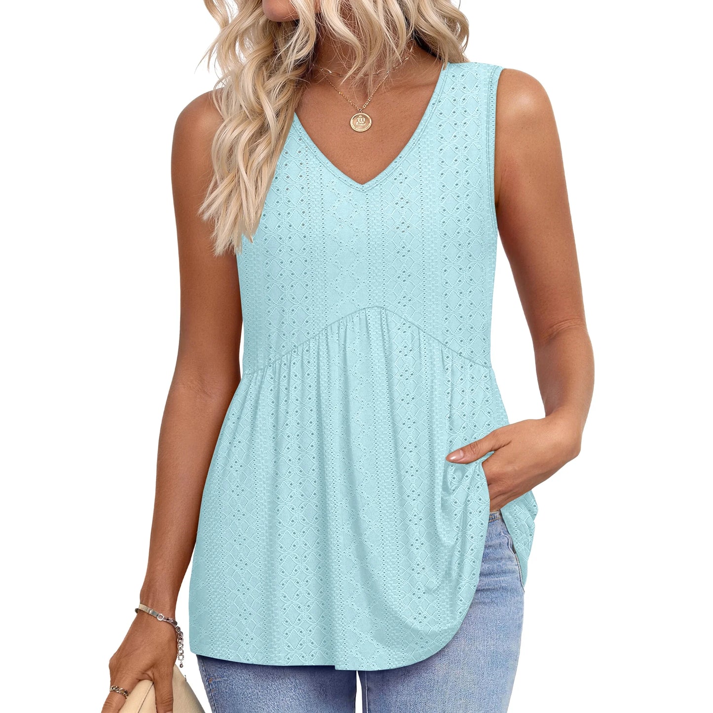 MOSHU Womens Tank Tops Eyelet Sleeveless Tops for Women Dressy V Neck Babydoll Tank Tops Flowy Summer Shirts