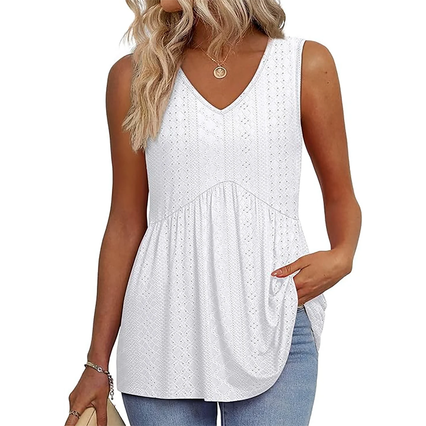 MOSHU Womens Tank Tops Eyelet Sleeveless Tops for Women Dressy V Neck Babydoll Tank Tops Flowy Summer Shirts