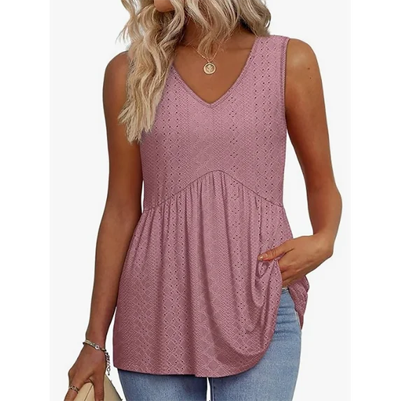 MOSHU Womens Tank Tops Eyelet Sleeveless Tops for Women Dressy V Neck Babydoll Tank Tops Flowy Summer Shirts
