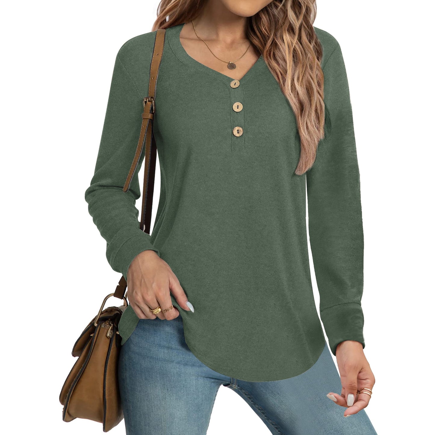MOSHU V-neck T Shirts for Women Casual Long Sleeve Tunic Tops Curve Hem Fall Button Shirts