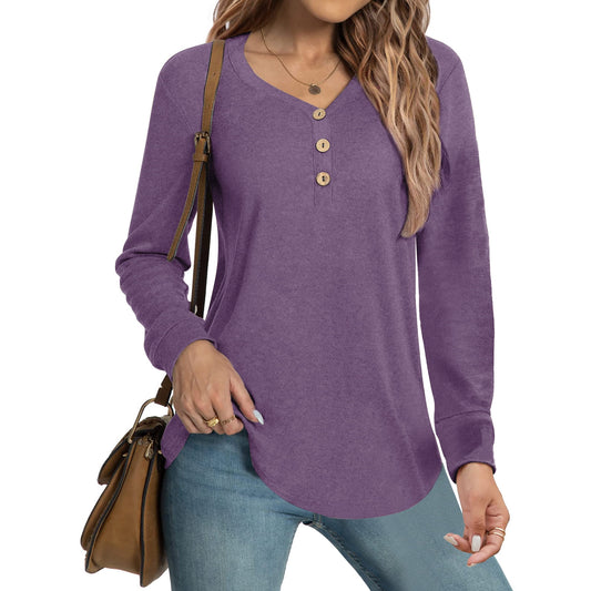 MOSHU V-neck T Shirts for Women Casual Long Sleeve Tunic Tops Curve Hem Fall Button Shirts