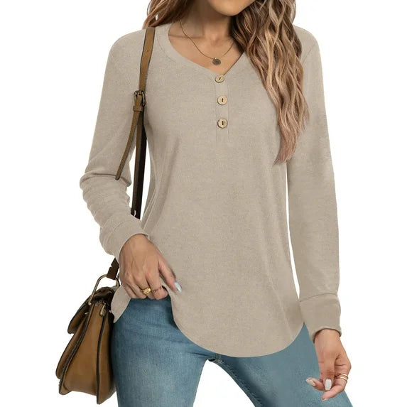MOSHU V-neck T Shirts for Women Casual Long Sleeve Tunic Tops Curve Hem Fall Button Shirts