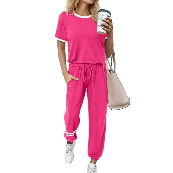 MOSHU Womens Two Piece Outfits Short Sleeve Color Block Tops Long Pants with Drawstring Tracksuit Jogger Sets