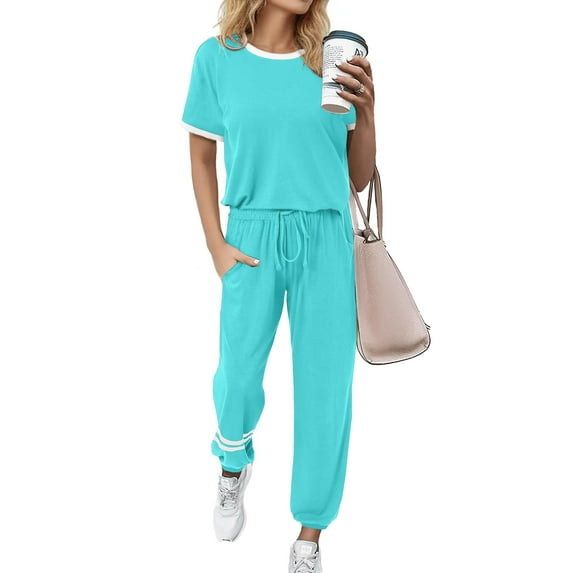 MOSHU Womens Two Piece Outfits Short Sleeve Color Block Tops Long Pants with Drawstring Tracksuit Jogger Sets