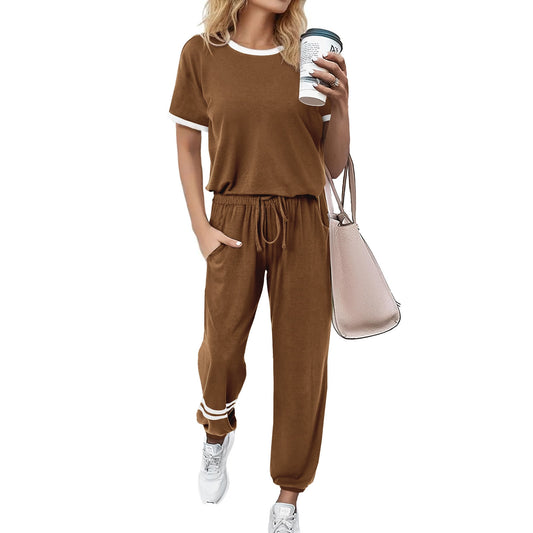 MOSHU Womens Two Piece Outfits Short Sleeve Color Block Tops Long Pants with Drawstring Tracksuit Jogger Sets