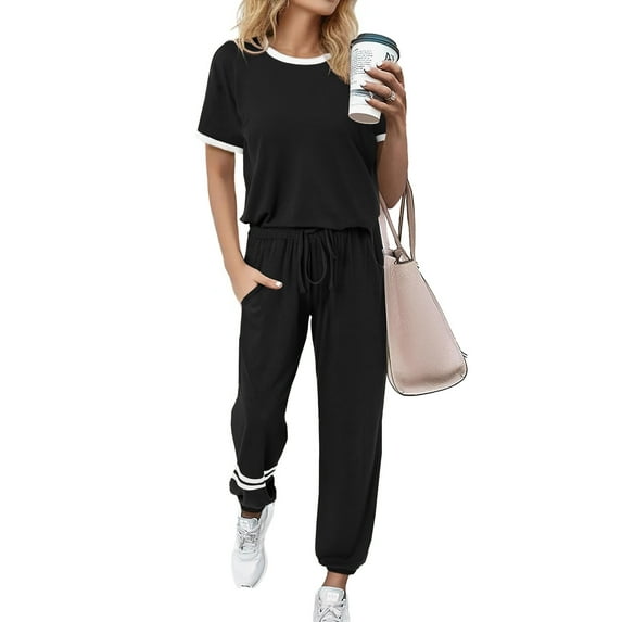 MOSHU Womens Two Piece Outfits Short Sleeve Color Block Tops Long Pants with Drawstring Tracksuit Jogger Sets