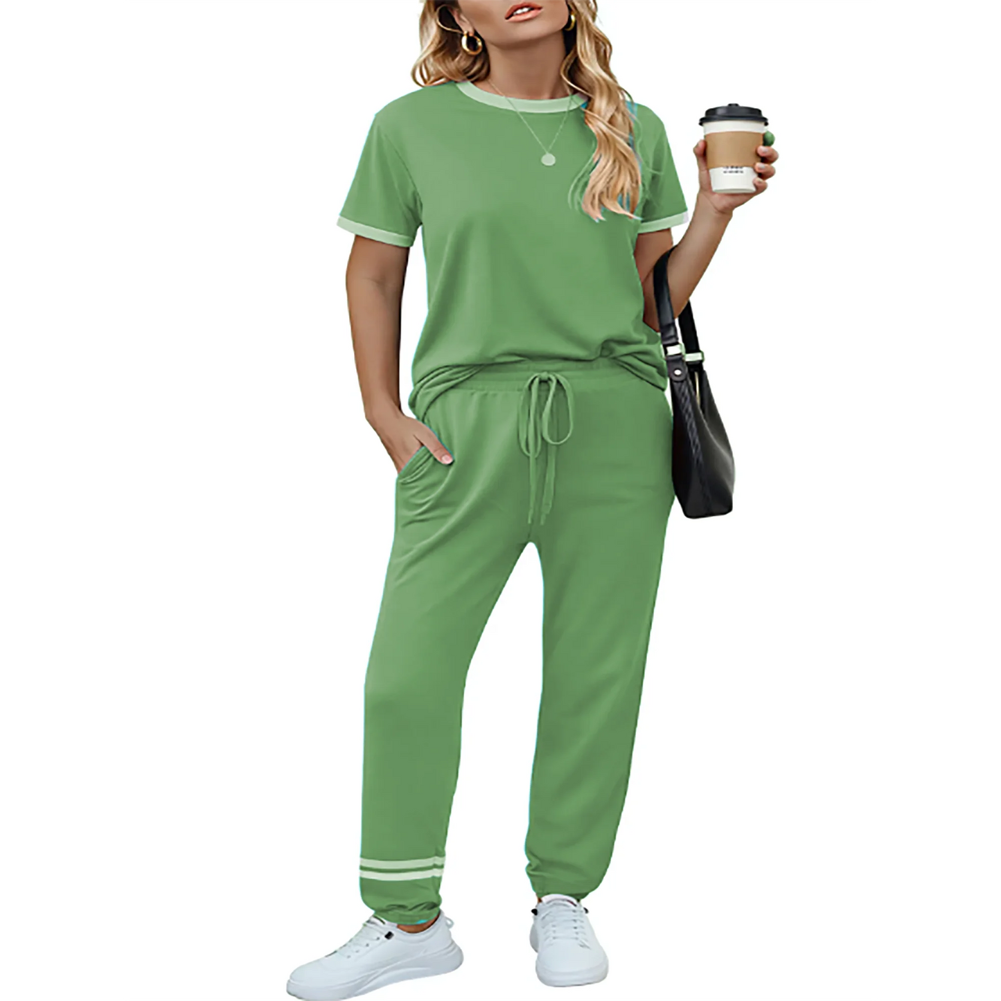 MOSHU Womens Two Piece Outfits Short Sleeve Color Block Tops Long Pants with Drawstring Tracksuit Jogger Sets