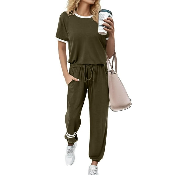 MOSHU Womens Two Piece Outfits Short Sleeve Color Block Tops Long Pants with Drawstring Tracksuit Jogger Sets
