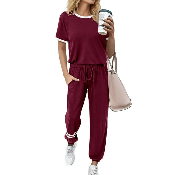 MOSHU Womens Two Piece Outfits Short Sleeve Color Block Tops Long Pants with Drawstring Tracksuit Jogger Sets