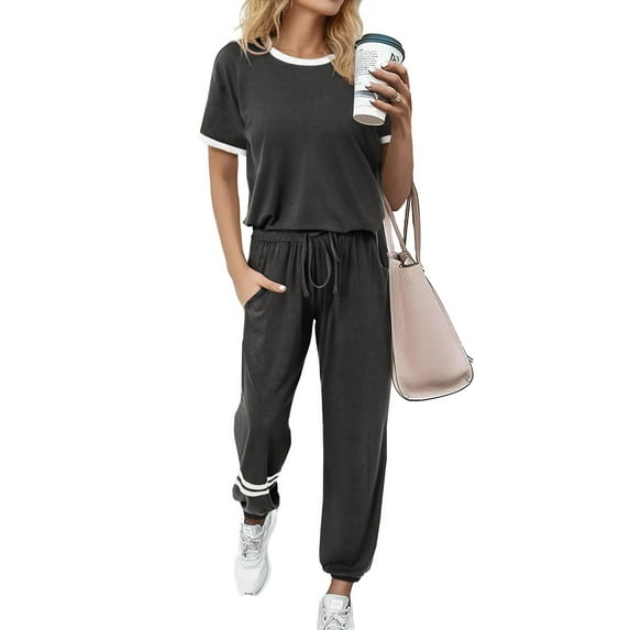 MOSHU Womens Two Piece Outfits Short Sleeve Color Block Tops Long Pants with Drawstring Tracksuit Jogger Sets