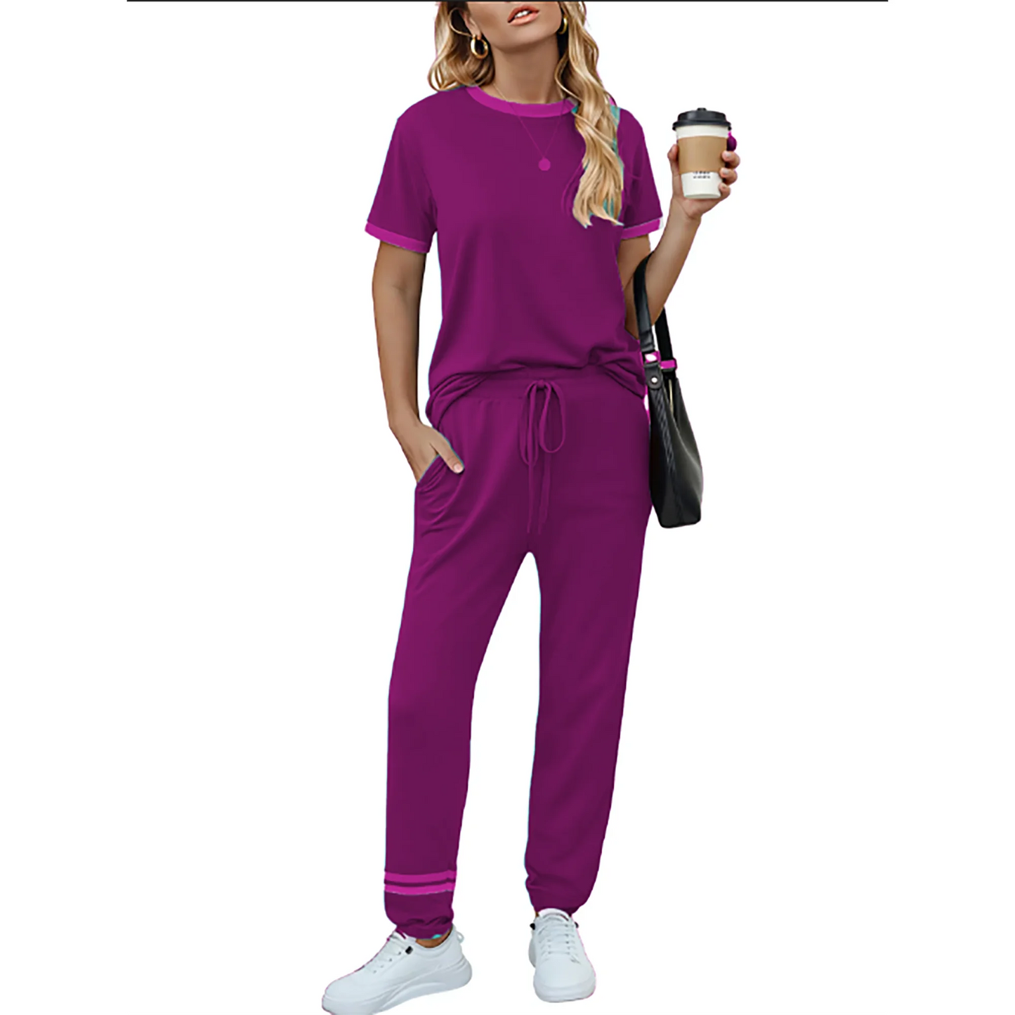 MOSHU Womens Two Piece Outfits Short Sleeve Color Block Tops Long Pants with Drawstring Tracksuit Jogger Sets