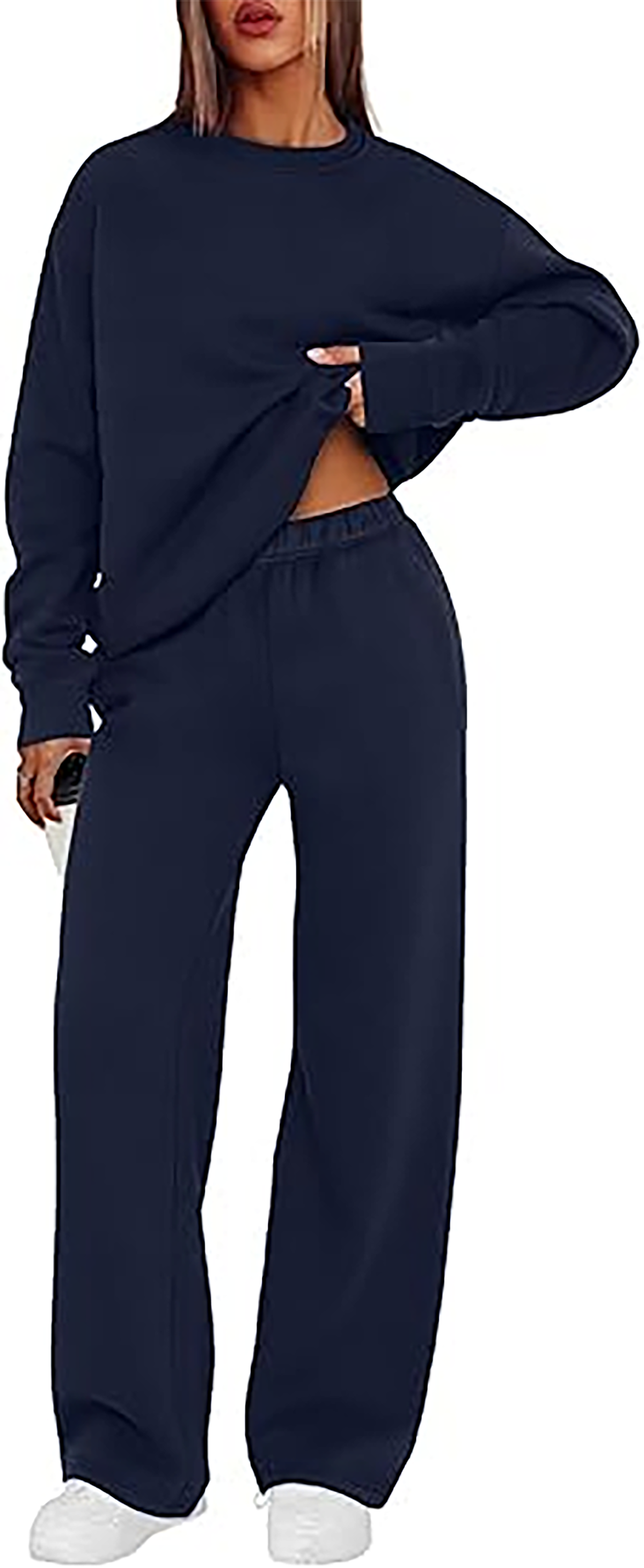 MOSHU Womens Sweatsuits 2 Piece Outfit Sets Winter Crewneck Sweatshirts and Loose Wide Leg Sweatpants Casual Fleece Lined Lounge Sets