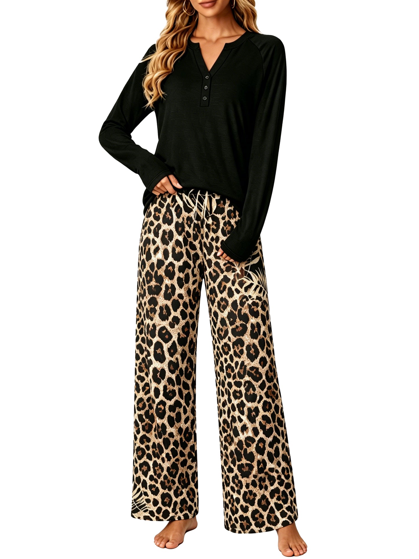 MOSHU Womens Pajamas Sets V Neck Buttons Long Sleeve Tops add Printed Drawstring Pants with Pockets Casual Lounge Sets for Women