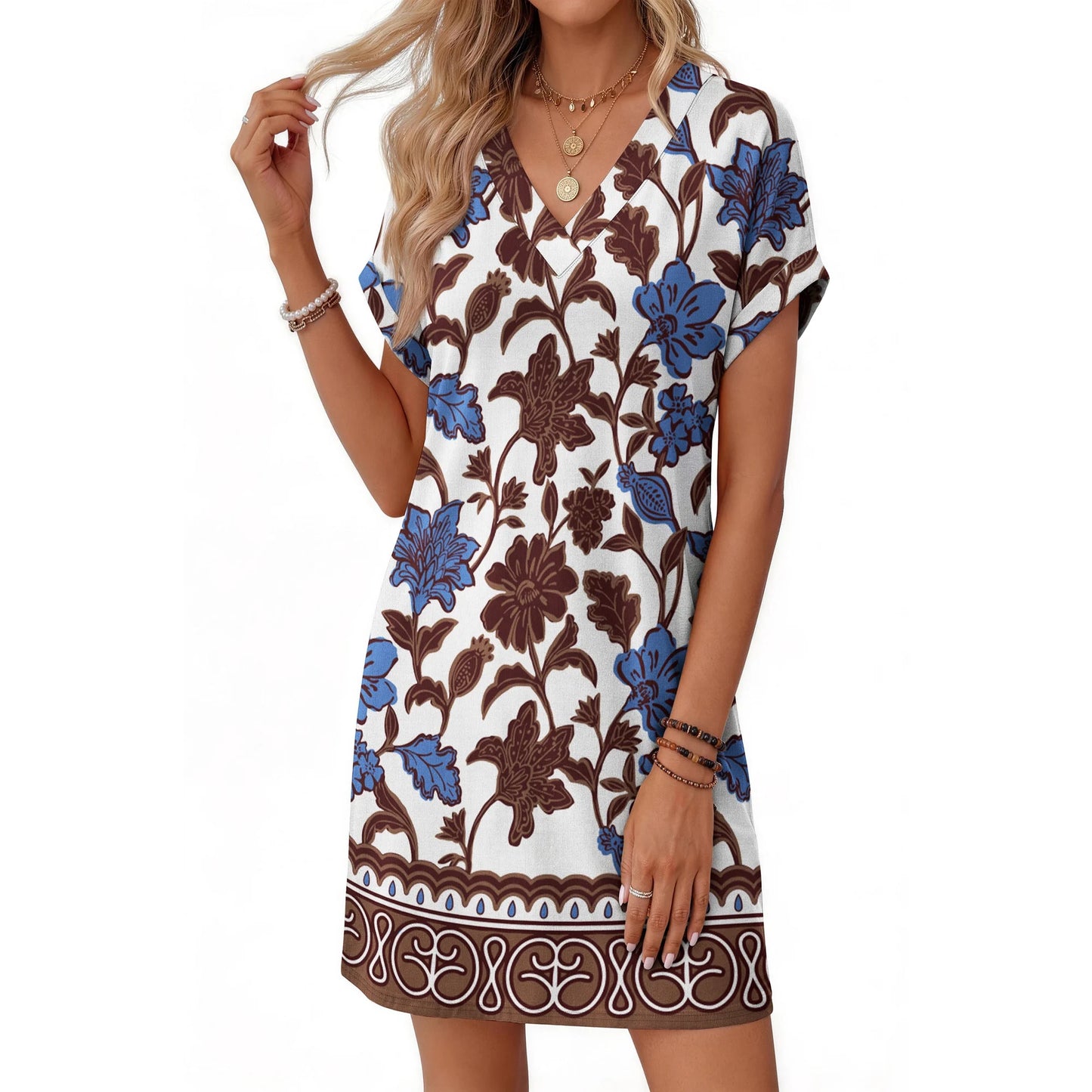 MOSHU Summer Dresses for women V Neck Womens Dresses Short Sleeve Casual Midi Dress with Pockets