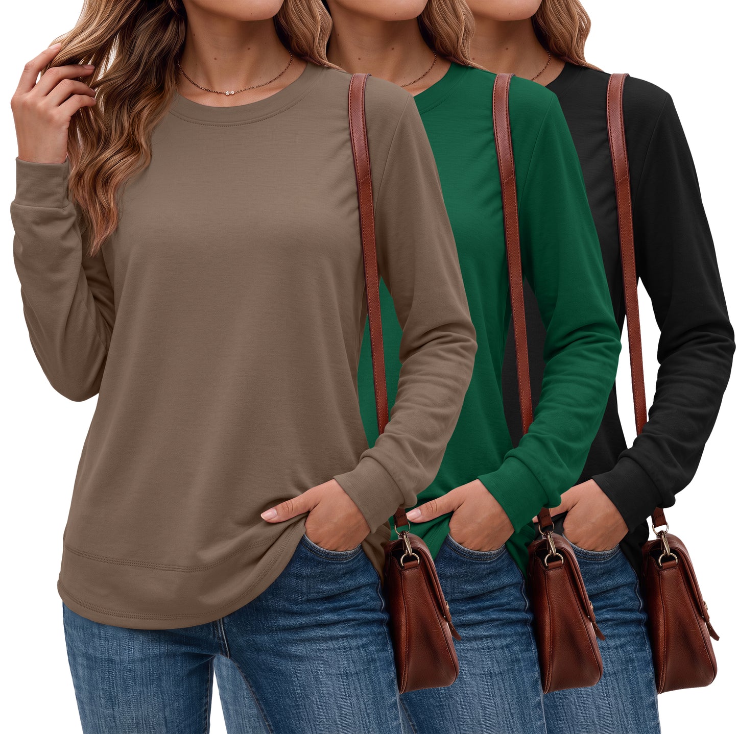 MOSHU 3 Pack Pullover Sweatshirts for Women Crew Neck Long Sleeve Shirts Casual Loose Fit Sweatshirts Curved Hem Tunic Tops