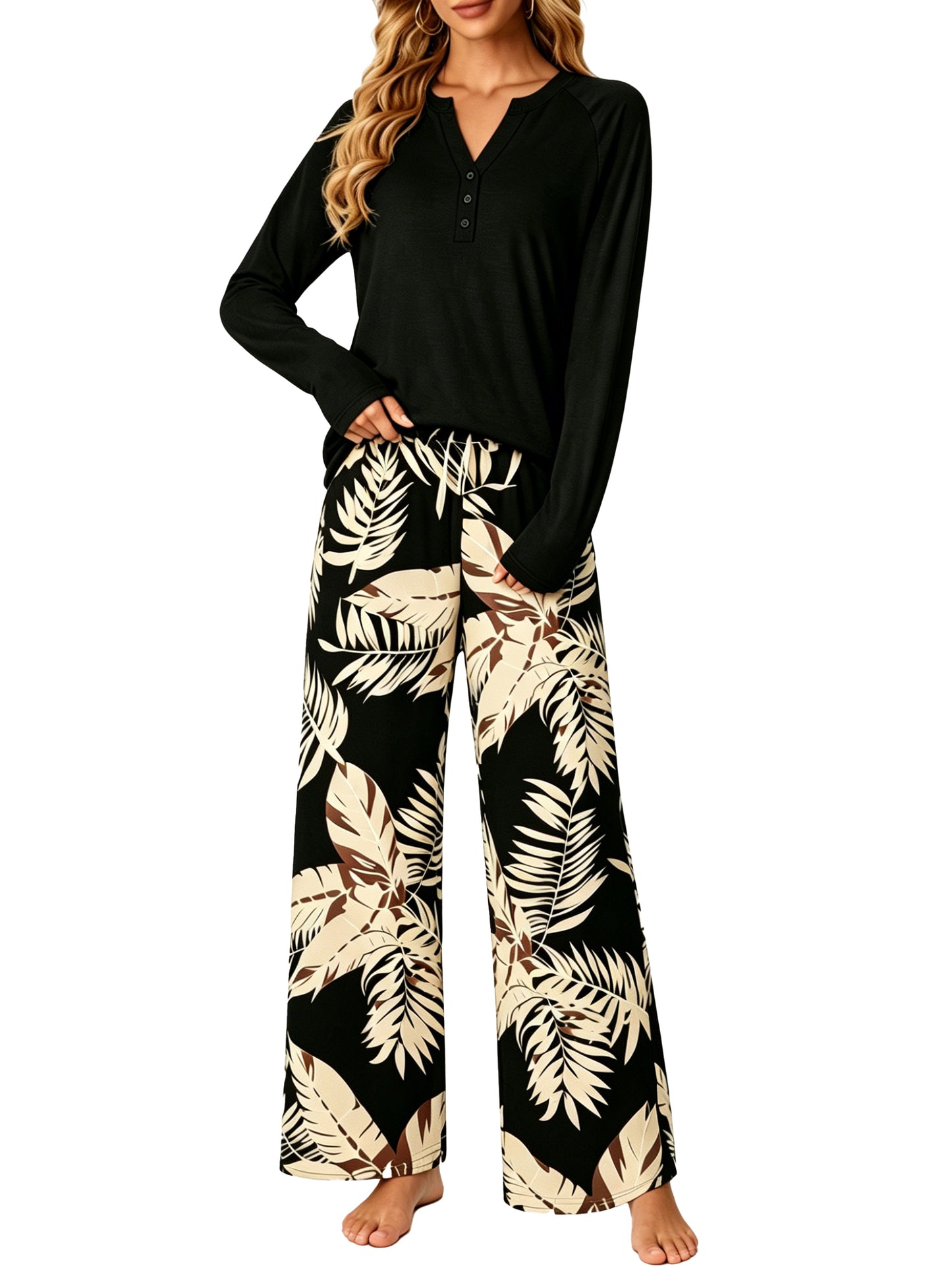 MOSHU Womens Pajamas Sets V Neck Buttons Long Sleeve Tops add Printed Drawstring Pants with Pockets Casual Lounge Sets for Women