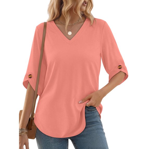 MOSHU V Neck Tops for Women 3/4 Length Sleeve Women Tops Casual Dressy Women Blouses Trendy Tunic Tops