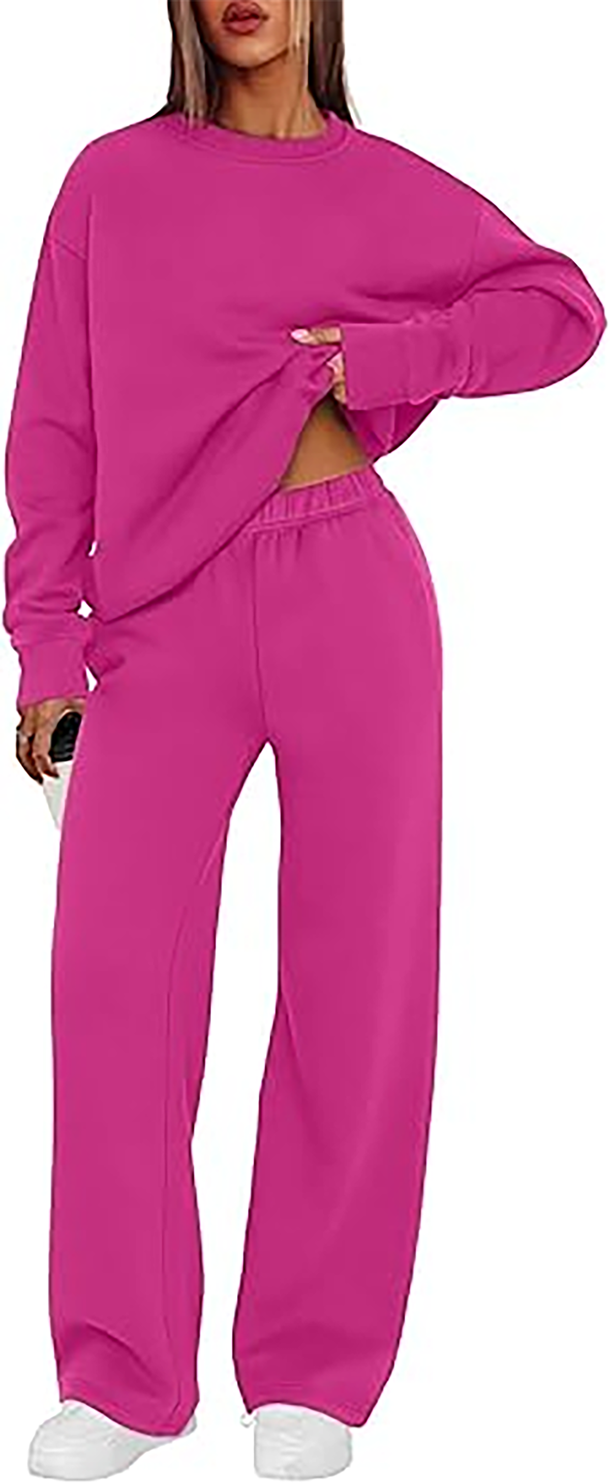 MOSHU Womens Sweatsuits 2 Piece Outfit Sets Winter Crewneck Sweatshirts and Loose Wide Leg Sweatpants Casual Fleece Lined Lounge Sets