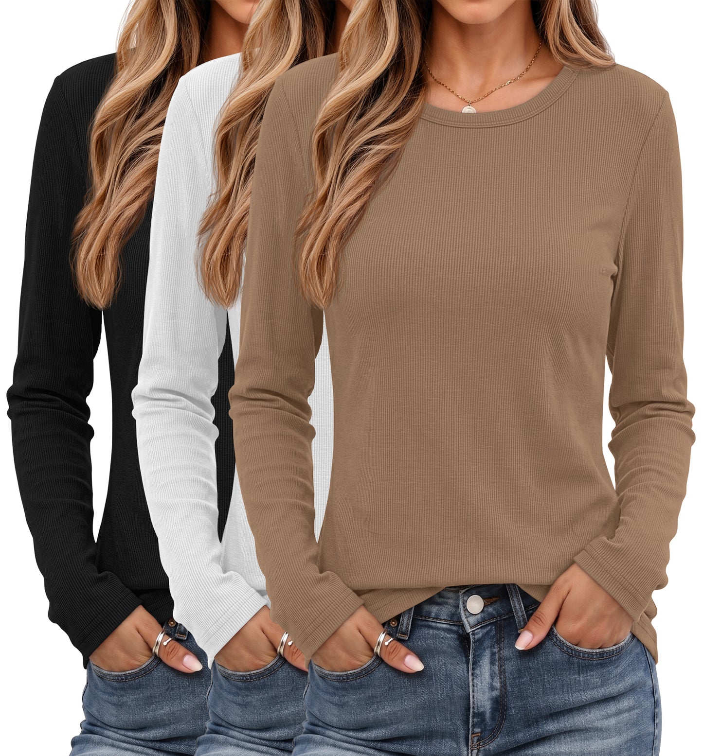 MOSHU 3 Pack T Shirts for Women Ribbed Long Sleeve Shirts Crew Neck Slim Fit Undershirts Casual Fall Tight Tops