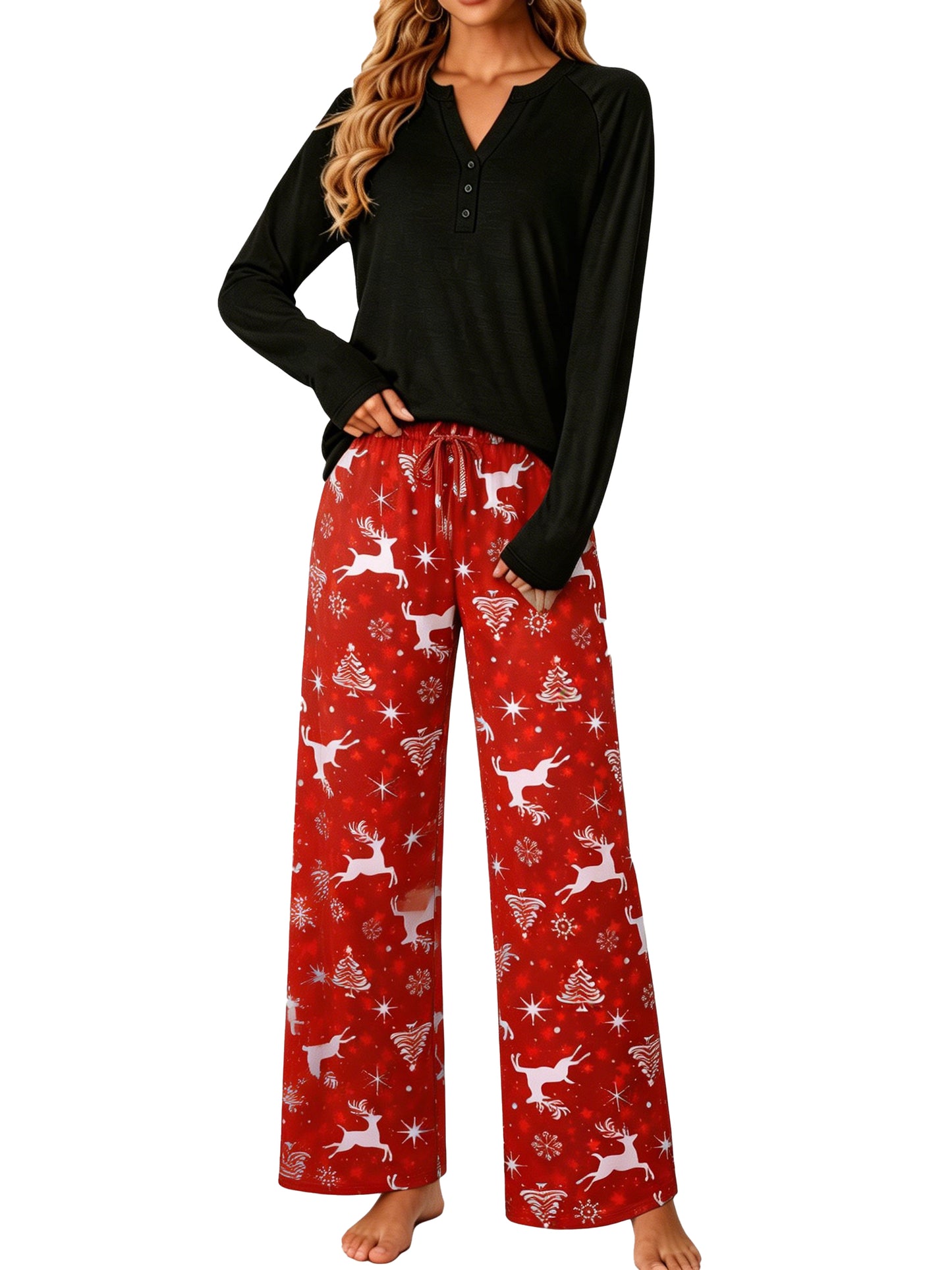 MOSHU Womens Pajamas Sets V Neck Buttons Long Sleeve Tops add Printed Drawstring Pants with Pockets Casual Lounge Sets for Women