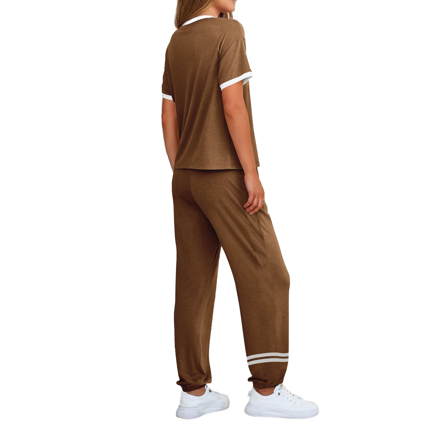 MOSHU Womens Two Piece Outfits Short Sleeve Color Block Tops Long Pants with Drawstring Tracksuit Jogger Sets